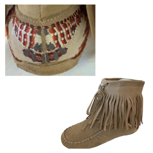 ALDO VTG Y2K 90s Tan embroidered Skagen Fringe Suede Moccasins Boho Festival RARE‎ - Image 3