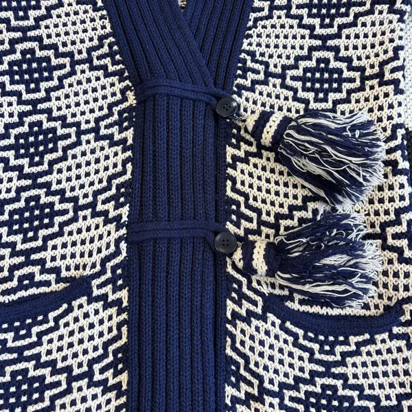 Anthropologie Fiets Voor2 Wool Blend Hooded Tassel Cardigan Sweater in Navy Beige Medium - Image 10