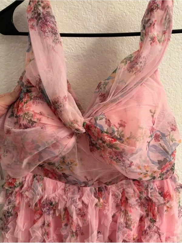 Feariesty Pink Floral Ruffle Strapless Formal Dress - Image 2
