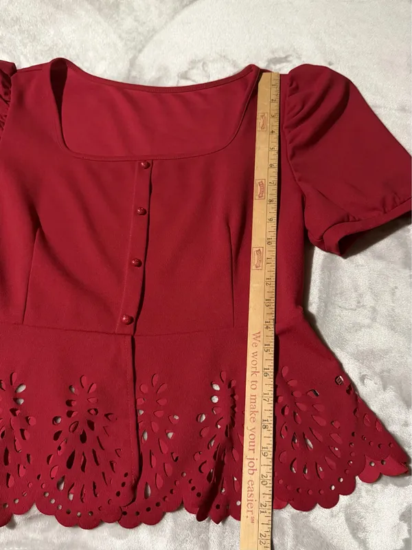 SHEIN Blouse Red Laser Cut Peplum Puff Sleeve Button Front XL Women - Image 6