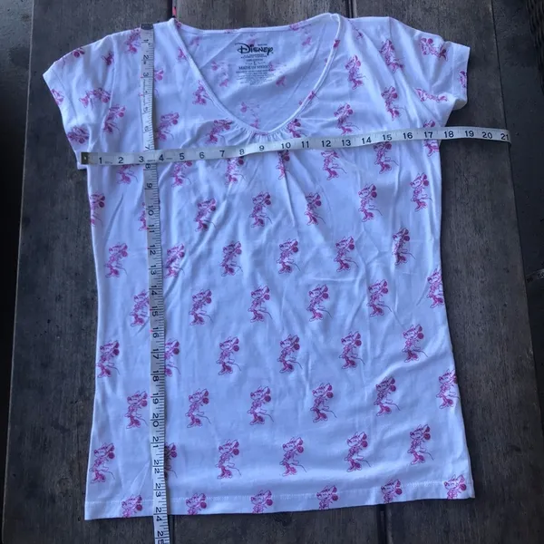 Disney Womens‎ Tee Size Large Minnie Mouse Glitter V-Neck White Pink Top Shirt - Image 3
