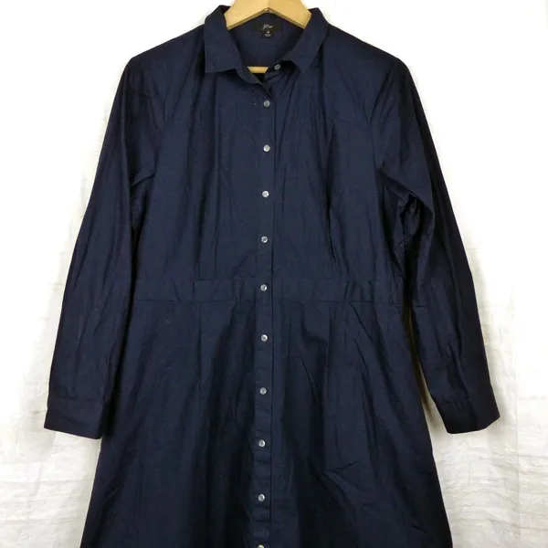 J.Crew Button Front Shirt Dress Womens 18 Navy Blue Cotton Poplin Midi Pockets - Image 4
