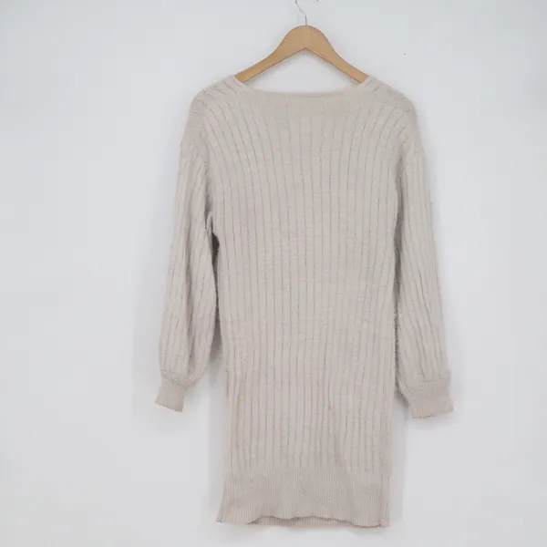 Rouge! Beige Ribbed Knit V-Neck Sweater Dress Long Sleeve Size 8 Oatmeal - Image 6
