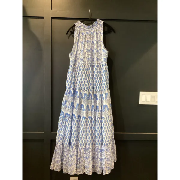 Calypso St Barth Daria Dress M Blue White Block Print Floral Cotton Resort Maxi - Image 2