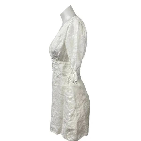 Reformation Simi 100% Linen Womens White V-neck Short Puff Sleeeve Mini Dress 4 - Image 2