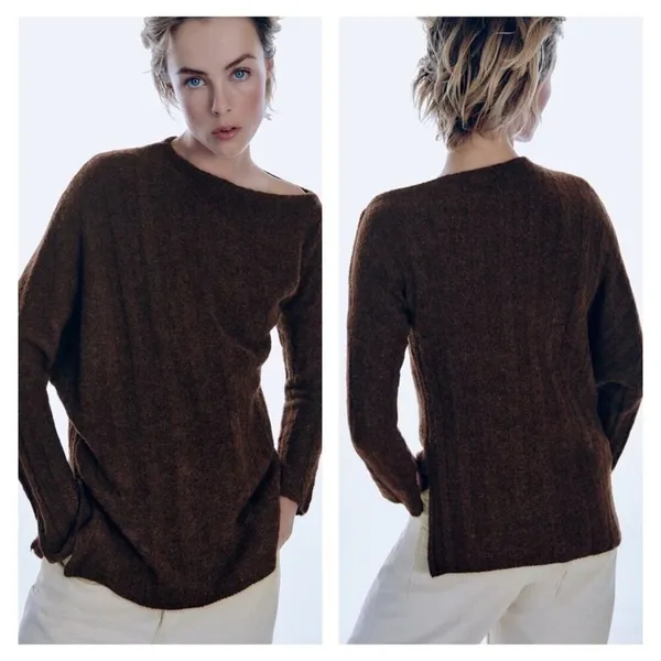 NWT ZARA Asymmetrical Off Shoulder Wool Blend Sweater‎ Women's L Quiet Luxury - Image 2