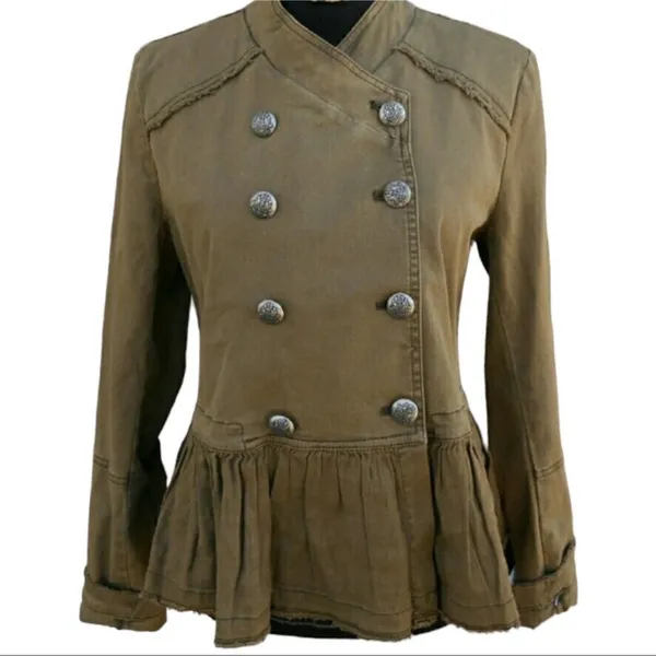 Free People Peplum Military Olive Green Ruffled Hem Double Breasted Jacket XS - Image 7
