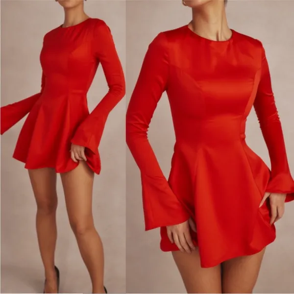 House of CB Sacha Red Satin Mini Dress‎ Long Flare Sleeve Bodycon Womens S - Image 3
