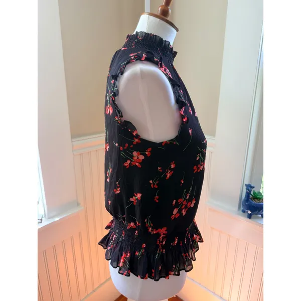 J.Crew Floral Smocked High Neck Ruffle Sleeveless Blouse Black Red Size 2 - Image 11