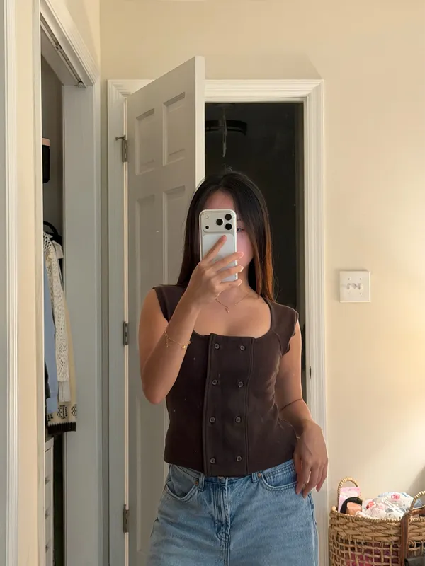 OPINI Brown Button Scoop Neck Top - Image 4