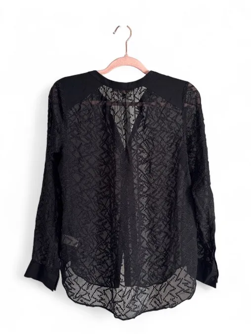 Rebecca Taylor Y2K Black Textured Button-Front Blouse Silk Blend Sheer Top Sz 4 - Image 2
