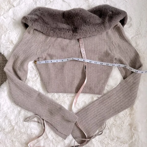 House of CB Fur Trim Knit Cashmere Crop Cardigan S - Camel / Dark Beige - Image 4