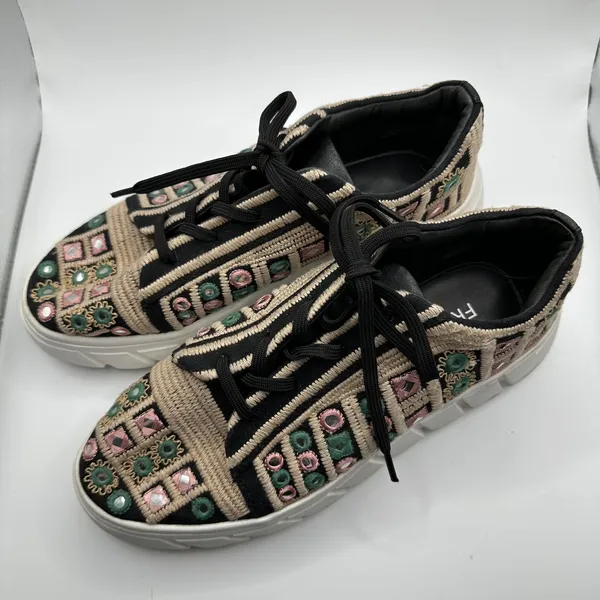 Free People Embroidered Mirror Platform Sneakers Black Tan Green Pink Size 39 - Image 2