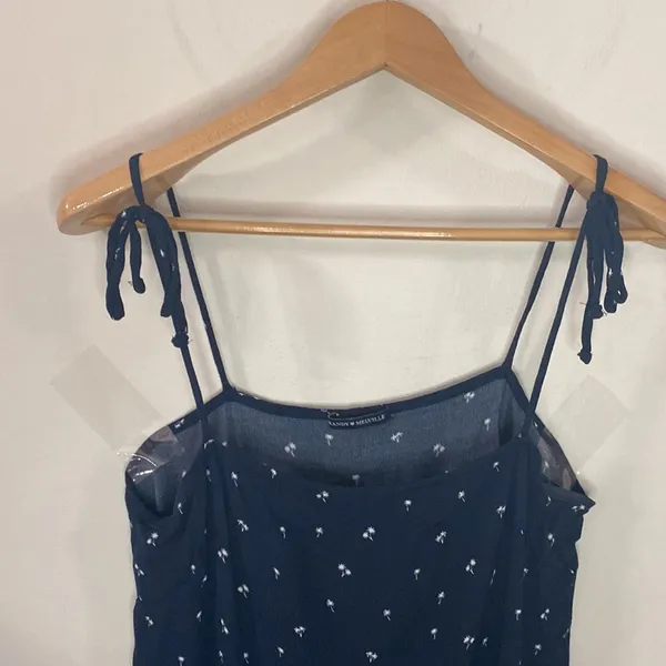 navy scattered micro palm print tie strap square neck mini dress - Image 4