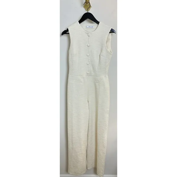 MANGO Sleeveless Tweed Jumpsuit in Cream Size Small - Image 3