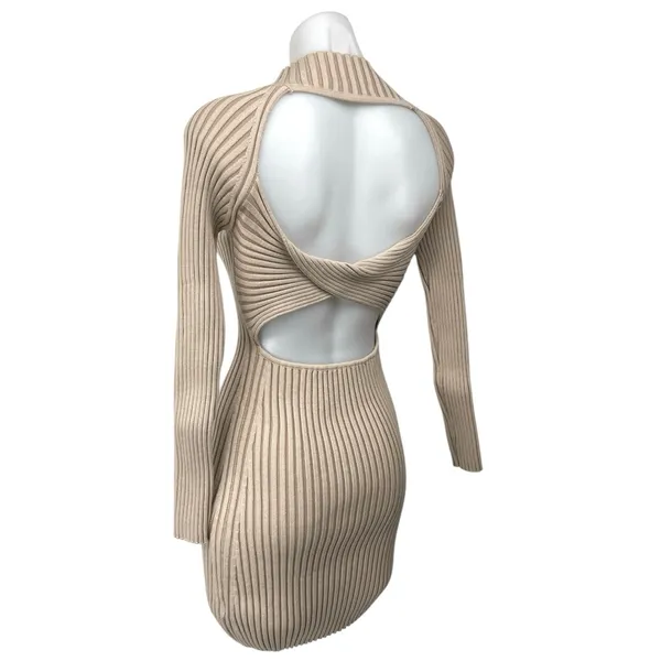 Lush Nude Pink Beige Ribbed Knit Long Sleeve Cut Out Mini Bodycon Dress Size M - Image 3