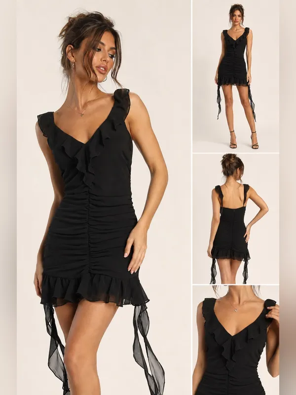Justify Black Ruffled V-Neck Mini Dress with Sheer Ties - Image 2