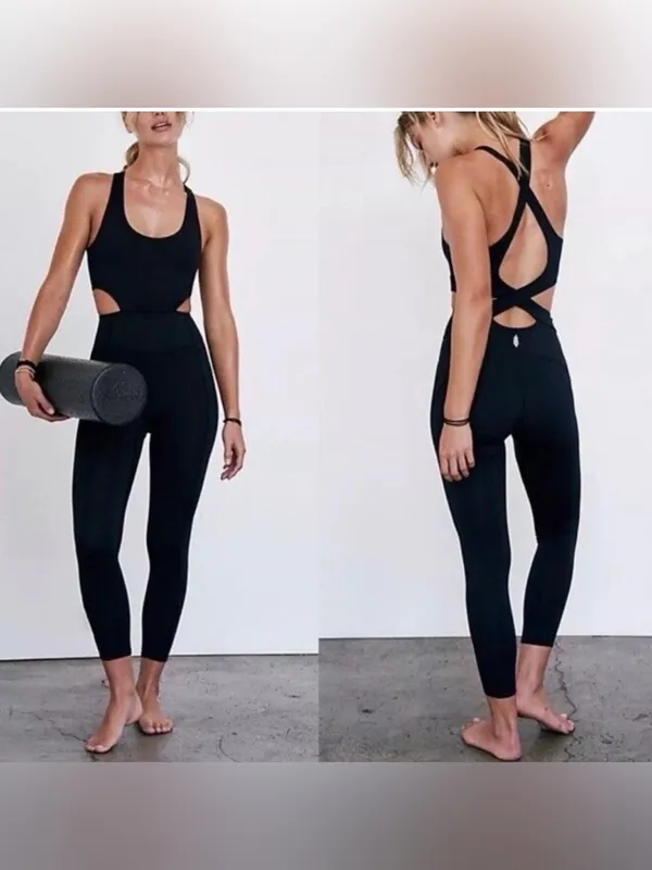 FP Movement Free People Back It Up Jumpsuit Black Cutout Criss Cross Size S/P - Image 2