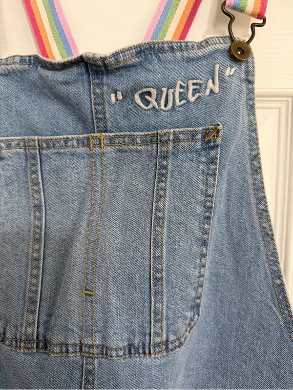 Denim Rainbow Stripe queen embroidered Overalls cut off Shorts women’s size XL - Image 4