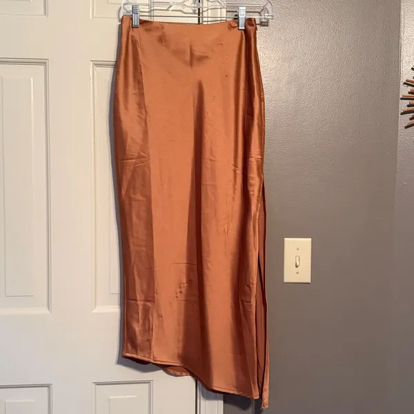 Lulus Contemporary Cutie Brown Satin High-Rise Asymmetrical Midi Skirt - Image 2