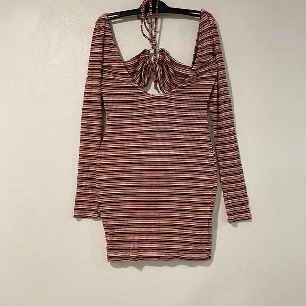 Princess Polly Size 8 Striped Cutout Mini Dress Halter Y2K 70s Boho - Image 3
