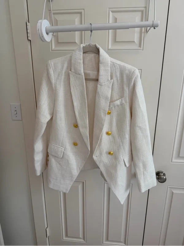 Zara White Textured Double-Breasted Blazer with Gold-Tone Buttons – Medium - Image 2