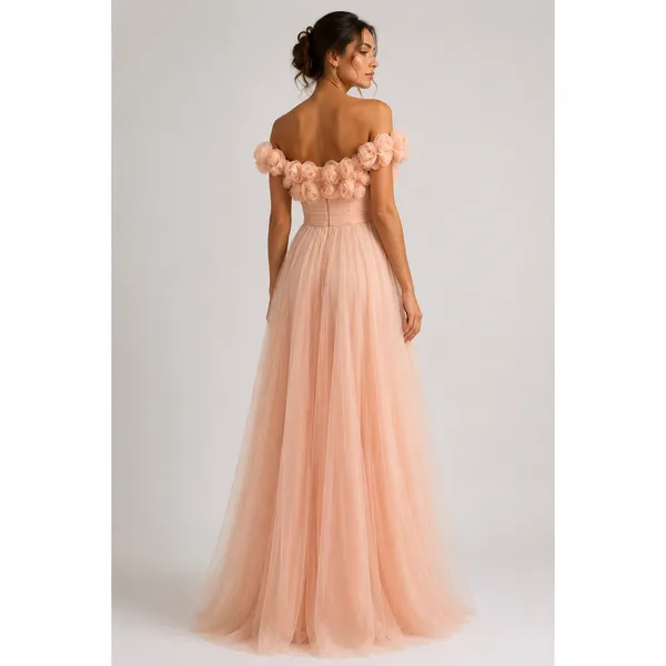 New! Sherri Hill 92481 Blush Rosette‎ Off Shoulder Tulle Ball Gown Size 2 - Image 2
