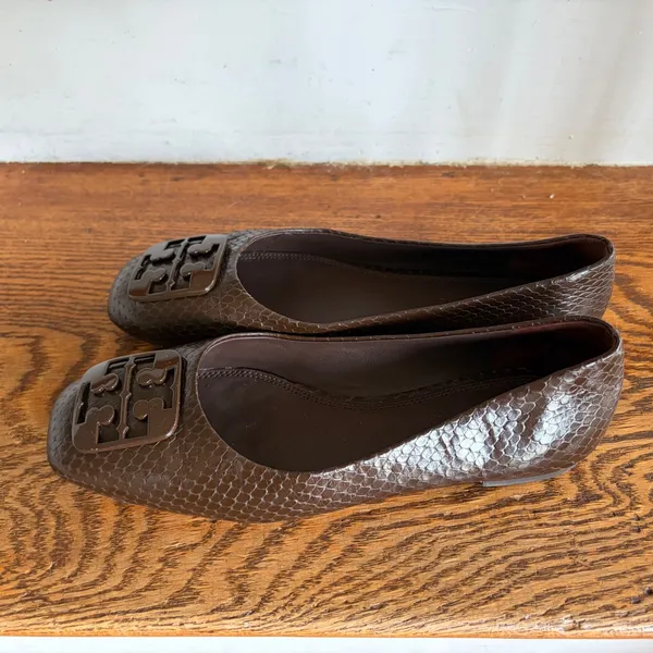 Tory Burch Georgia Brown Snake Embossed Leather Square Toe Ballet Flats 5M‎ EUC - Image 3