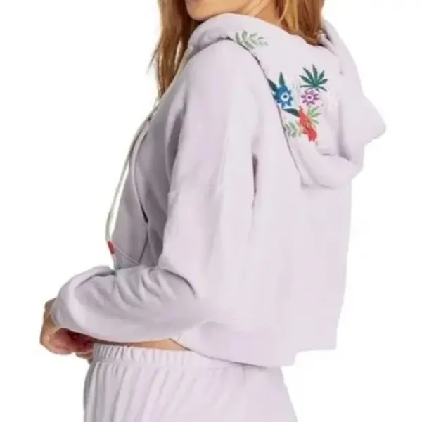 WILDFOX Hoodie Cropped Jacket‎ Large Purple Embroidered Flowers Zip Front Pastel - Image 9