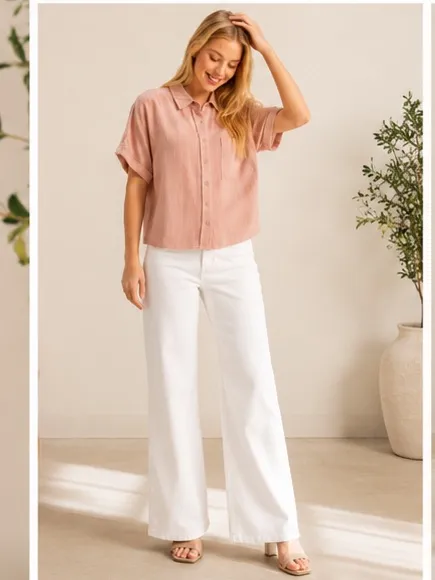 Blush Pink Rayon Linen Button Front Relaxed Blouse | Boutique NWT M - Image 2