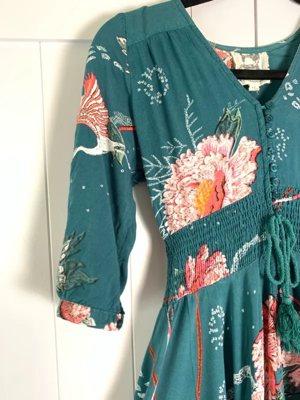 Jaase Maxi Dress XS Teal Floral Boho Autumn Wedding Guest Smocked V-Neck - Image 8