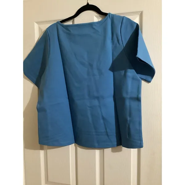 Betabrand Shirt Womens L Blue Short Sleeve Boxy Hi Lo Stretch Top Work Casual - Image 5
