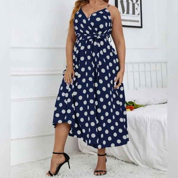 Navy Blue & White Polka Dot Belted Dress - Size 16 - Image 3