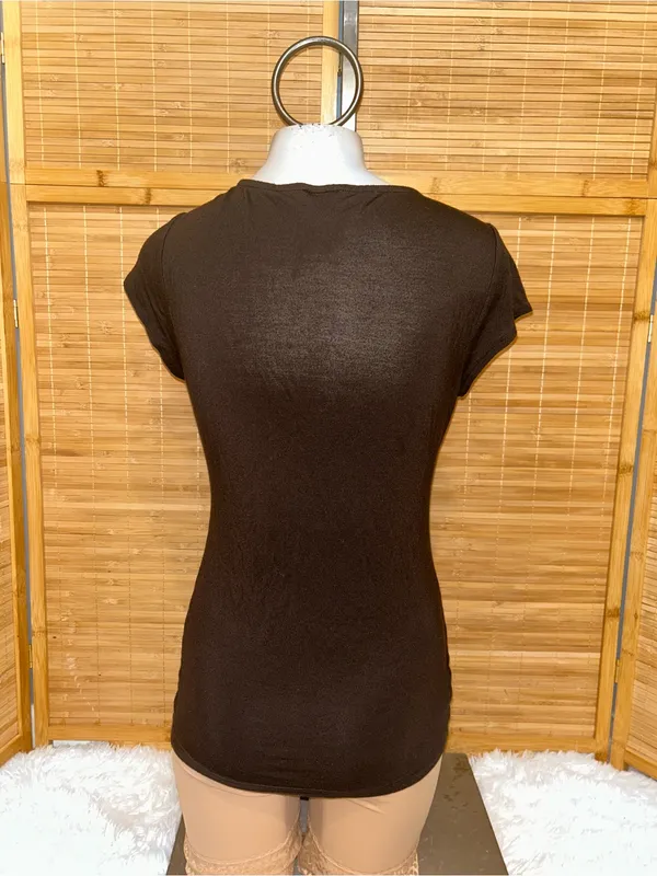 Ann Taylor brown twist front v-neck top short sleeve shirt size small stretchy - Image 3