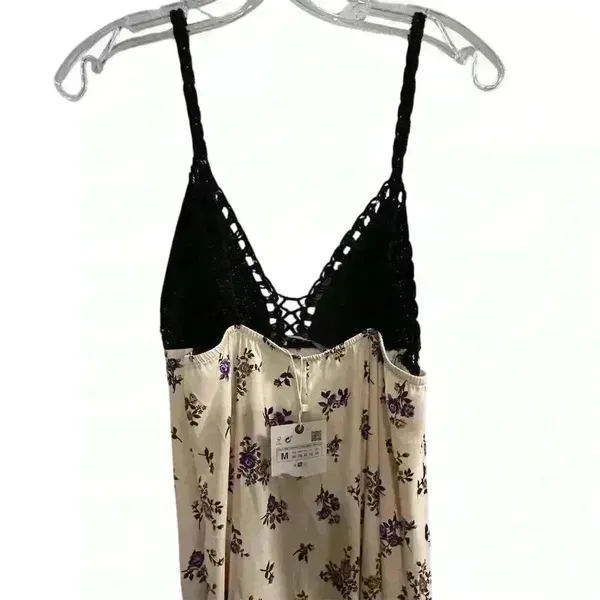 Zara Women's M Satin Floral Maxi‎ Dress Crochet Top Party Cocktail - Image 8