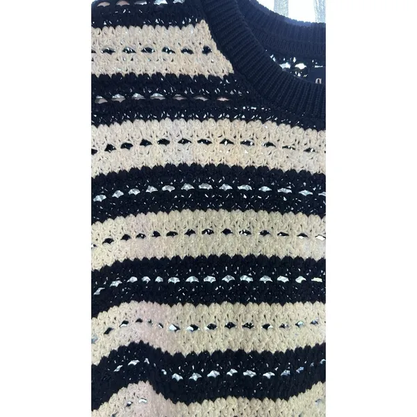GAP Crochet Sweater Y2K Women Size M White/Navy Split-Hem Oversized Boho - Image 2