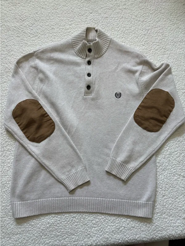 Chaps Ivory Mock Neck Henley Sweater Grandad Acadia Knit Suede Elbow Patch L - Image 2