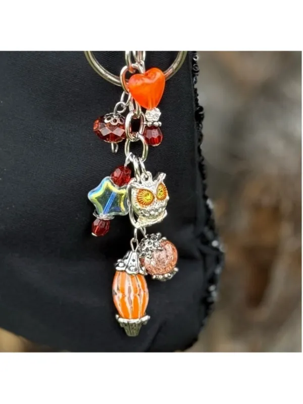 NEW One of a Kind Harvest Moon Owl Handmade Beaded Bag Charm Keychain (#43) - Image 2