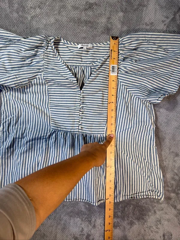 Madewell Courtyard Striped Puff Sleeve Peplum Blouse Medium Blue White Button Fr - Image 9