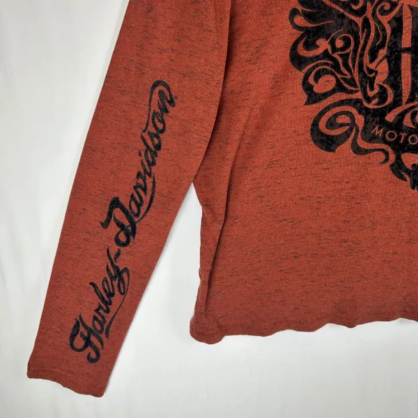 Harley-Davidson Womens 3W Rust Orange Space Dye Hooded Henley Flocked Top 2014 - Image 12