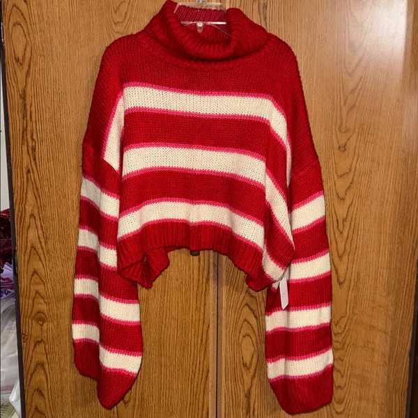 Altar’d State Red Cream Striped Cropped Sweater XL Cozy Cabin Turtleneck NWT - Image 2