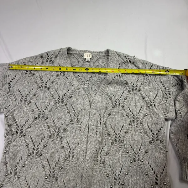 A New Day Grey Pointelle Beaded Open Front Cardigan Sweater Size M - Image 6