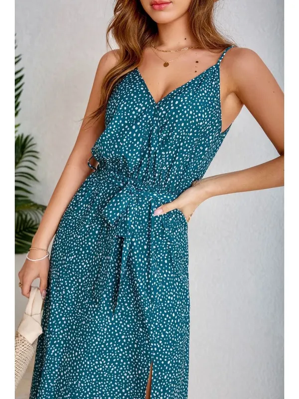 NWT Cupshe Green V-Neck Split Maxi Dress - Size: Large - Image 10