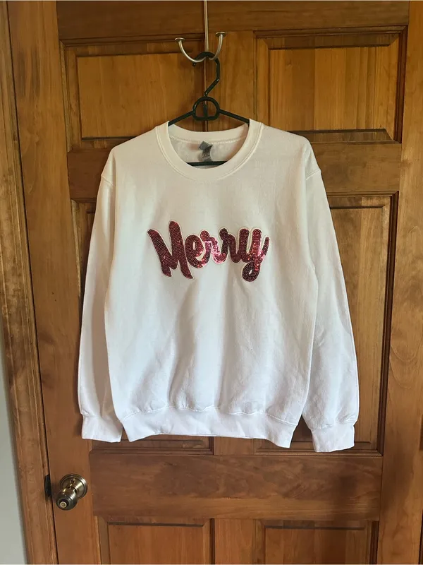 Merry Sequin Christmas Crewneck Sweater White with Red Accent size small! - Image 2