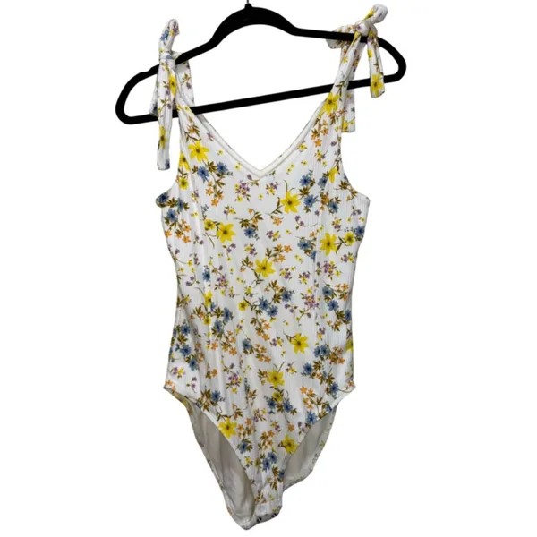 Old Navy Printed Tie-Shoulder V-Neck Rib-Knit Bodysuit - White Floral Size M - Image 2