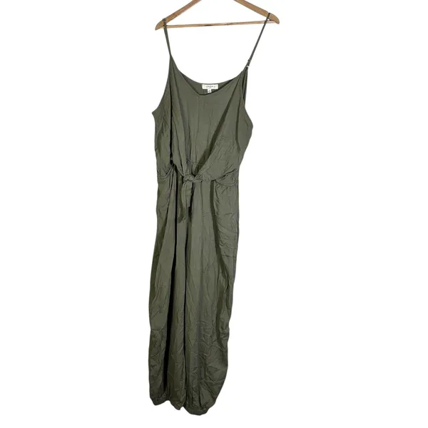 Umgee Beachy Wide Leg Jumpsuit Size XL Olive Green Tencel Tie Front Minimalist - Image 2