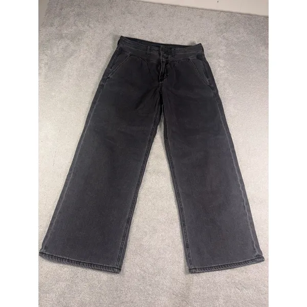 American Eagle Wide Leg Crop Black Washed Jeans Vintage Style Waist 6 Short - Image 3