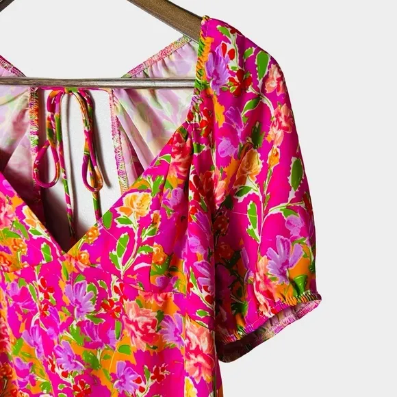RESA Amber Floral Mini Dress‎ Size S Pink Puff Sleeve Open Back Tie - Image 5