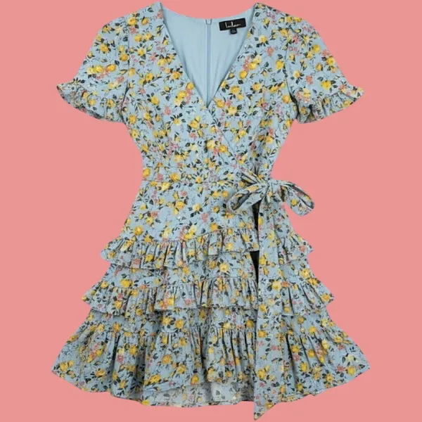 Lulus Floral Wrap Mini Dress Women S Light Blue Tiered Ruffle Sleeve Cottagecore - Image 2