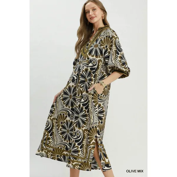 Umgee Abstract Print Midi Dress - Olive Mix - Small - Image 2